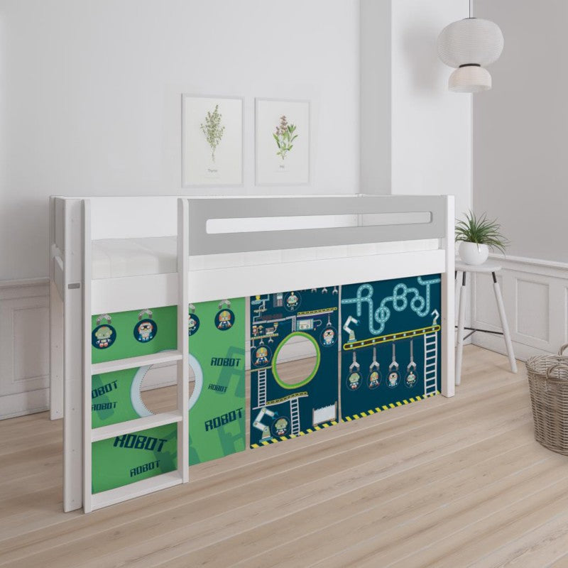 Manis-h White Mid Sleeper Bed with Safety Rail in Silver Grey and Robot Play Curtain