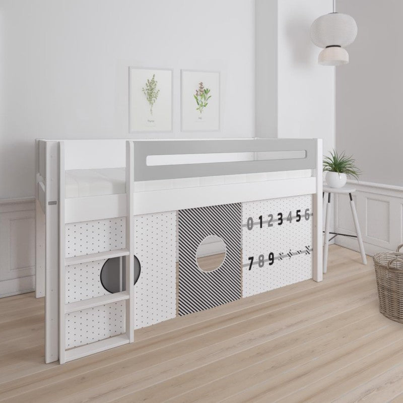 Manis-h White Mid Sleeper Bed with Safety Rail in Silver Grey and Numbers Play Curtain