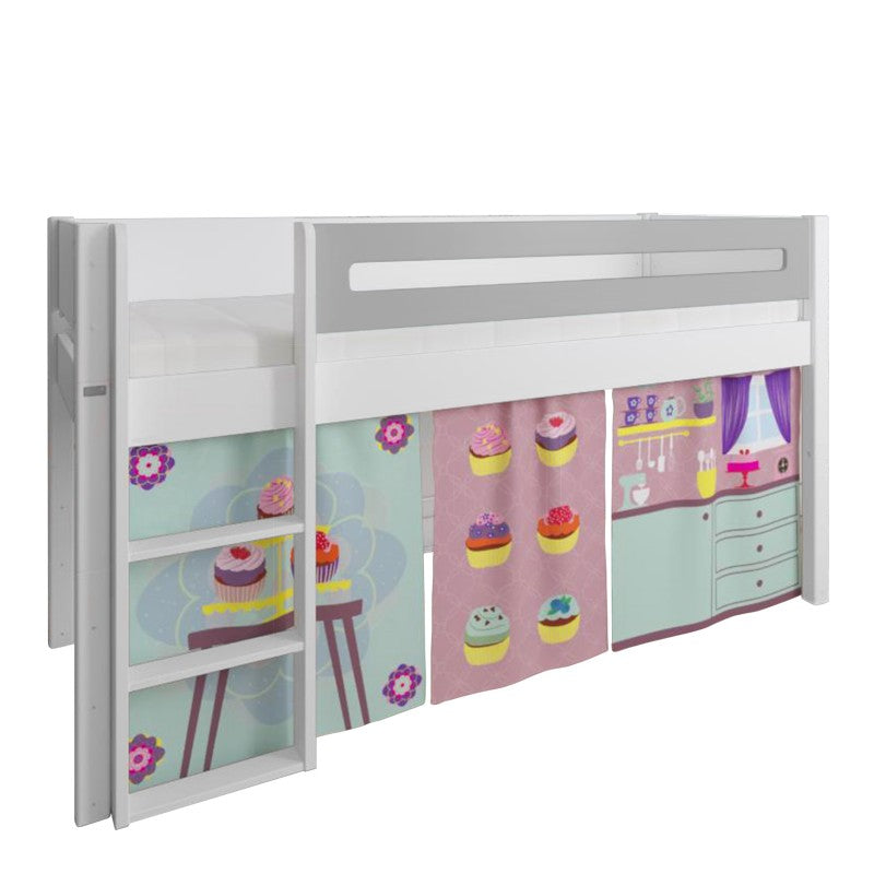 Manis-h White Mid Sleeper Bed with Safety Rail in Silver Grey and Cup Cake Play Curtain