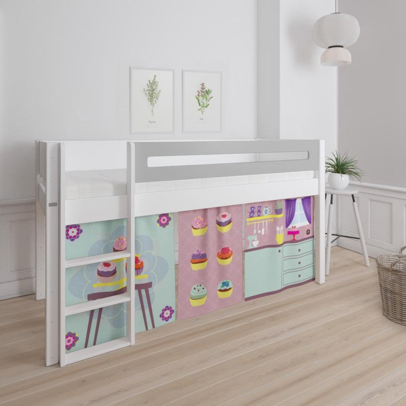 Manis-h White Mid Sleeper Bed with Safety Rail in Silver Grey and Cup Cake Play Curtain