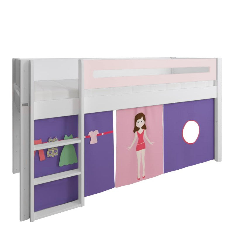 Manis-h White Mid Sleeper Bed with Safety Rail in Light Rose and Dress Up Doll Play Curtain