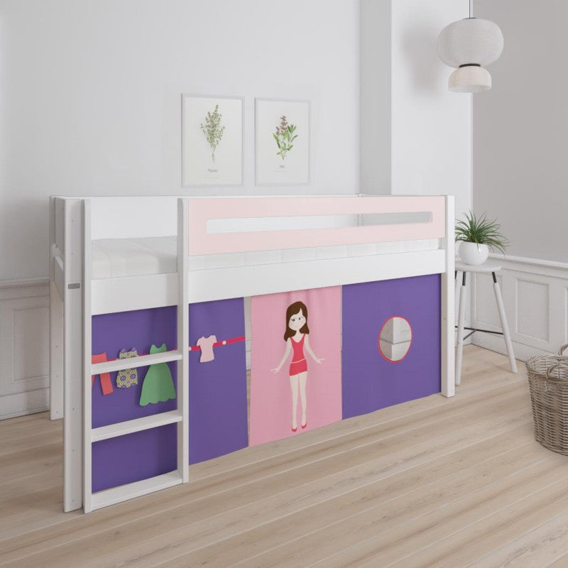 Manis-h White Mid Sleeper Bed with Safety Rail in Light Rose and Dress Up Doll Play Curtain