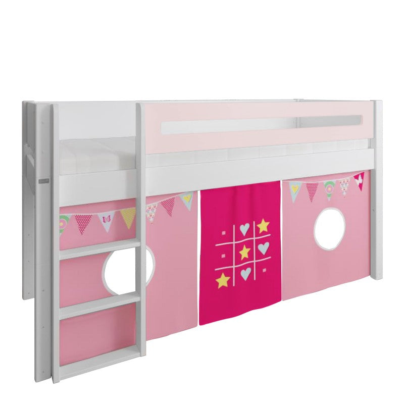 Manis-h White Mid Sleeper Bed with Safety Rail in Light Rose and TicTacToe & Bunting Play Curtain