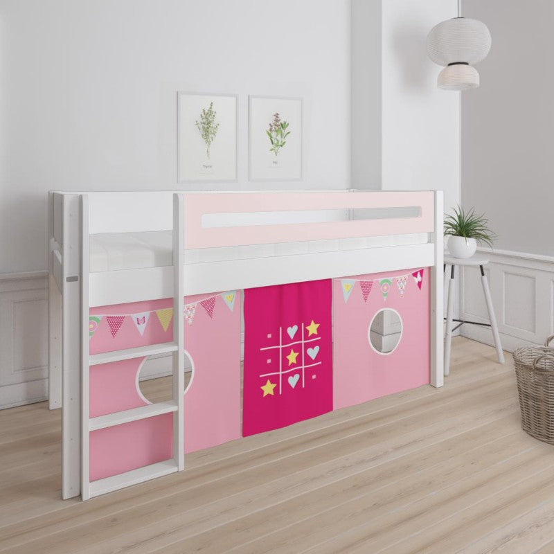 Manis-h White Mid Sleeper Bed with Safety Rail in Light Rose and TicTacToe & Bunting Play Curtain