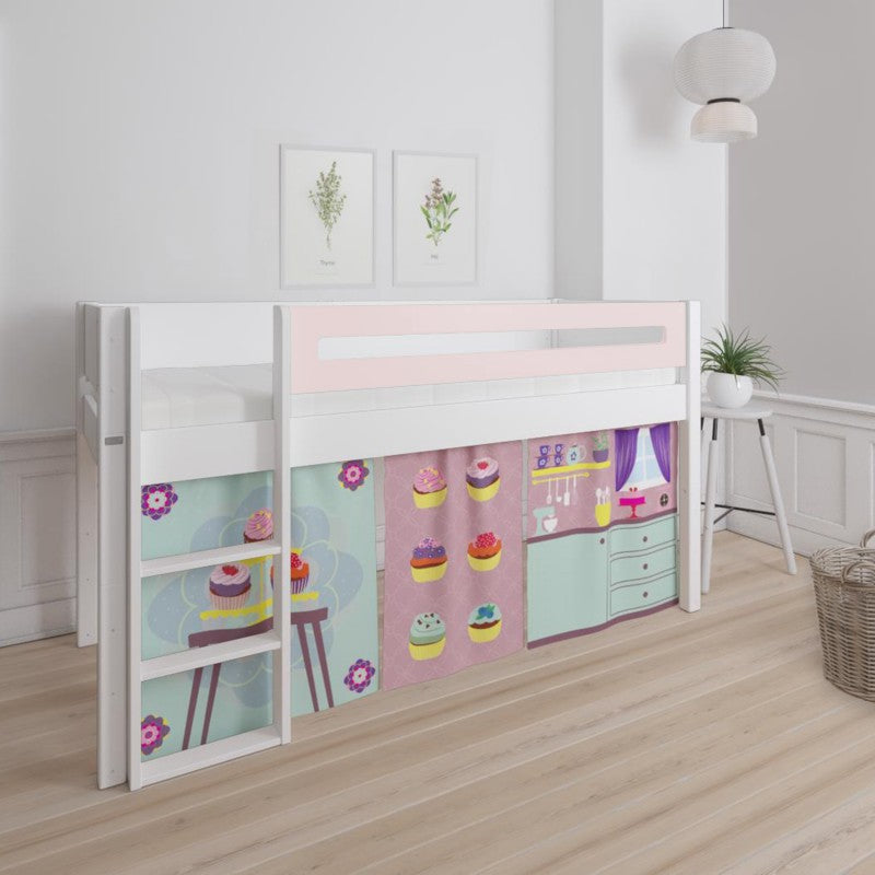 Manis-h White Mid Sleeper Bed with Safety Rail in Light Rose and Cup Cake Play Curtain