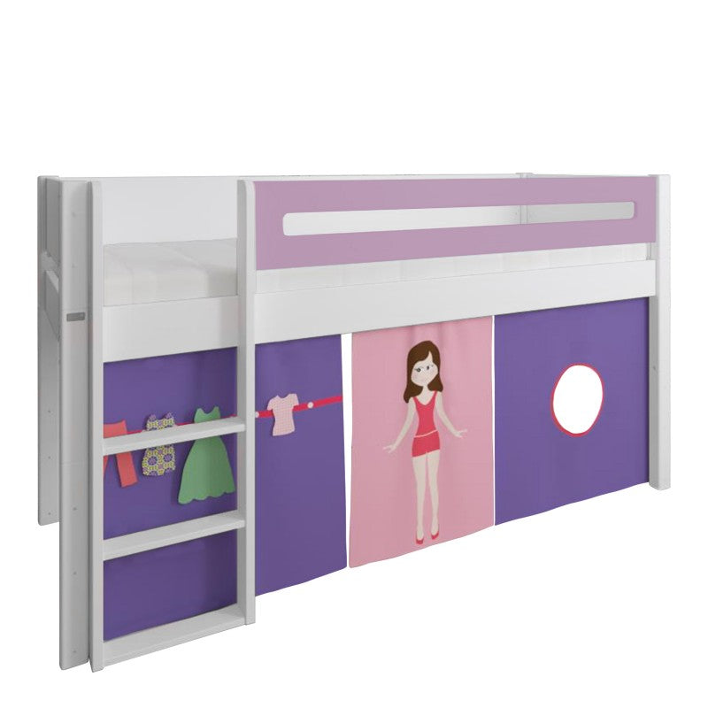 Manis-h White Mid Sleeper Bed with Safety Rail in Dusty Rose and  Dress Up Doll Play Curtain