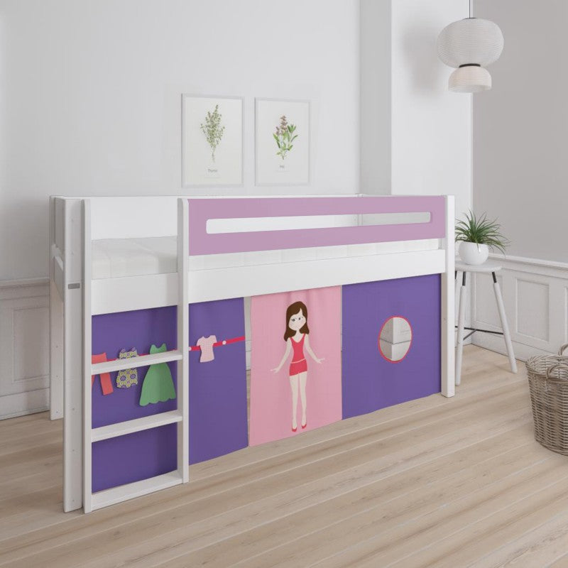 Manis-h White Mid Sleeper Bed with Safety Rail in Dusty Rose and  Dress Up Doll Play Curtain