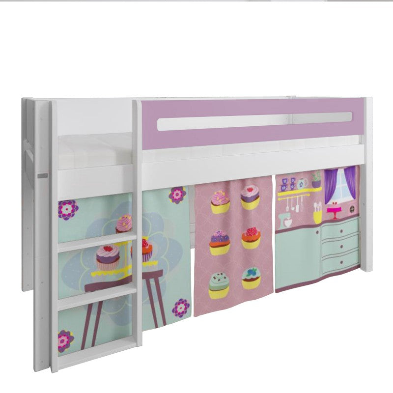 Manis-h White Mid Sleeper Bed with Safety Rail in Dusty Rose and Cup Cake Play Curtain