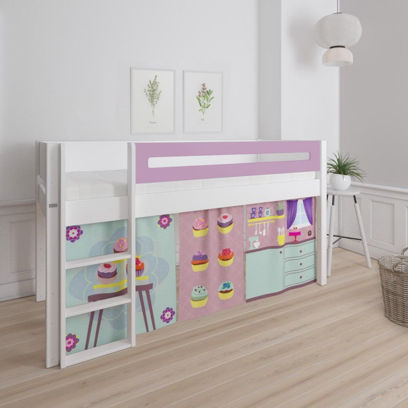 Manis-h White Mid Sleeper Bed with Safety Rail in Dusty Rose and Cup Cake Play Curtain