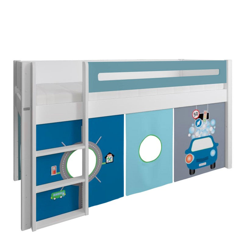 Manis-h White Mid Sleeper Bed with Safety Rail in Petroleum and Carwash & Traffic Play Curtain