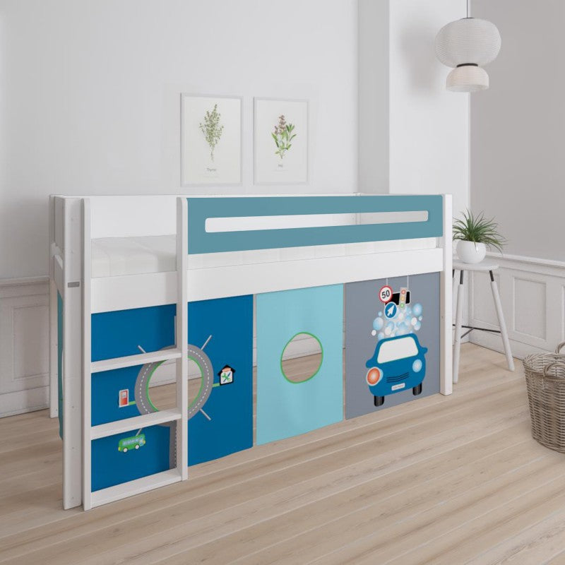 Manis-h White Mid Sleeper Bed with Safety Rail in Petroleum and Carwash & Traffic Play Curtain