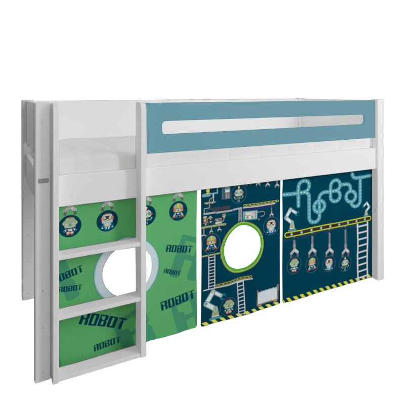 Manis-h White Mid Sleeper Bed with Safety Rail in Petroleum and Robot Play Curtain