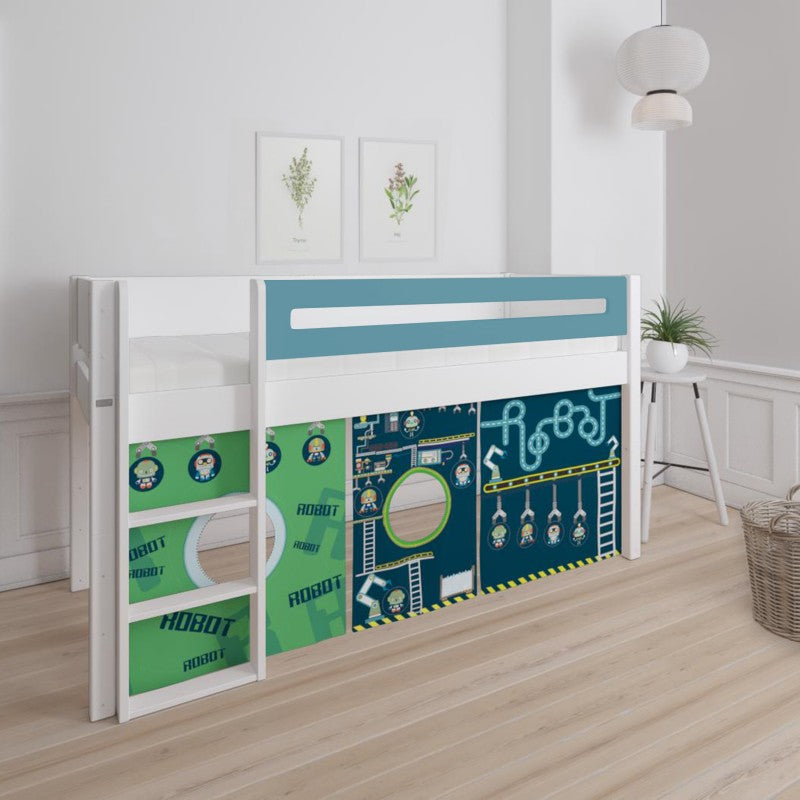 Manis-h White Mid Sleeper Bed with Safety Rail in Petroleum and Robot Play Curtain