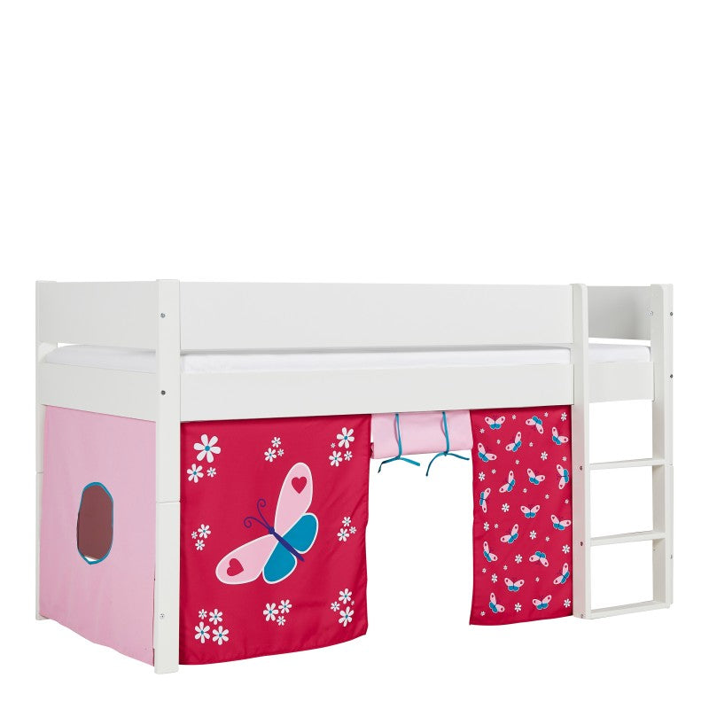 Huxie White Mid Sleeper with Safety Rail in White and Red Butterfly Play Curtain
