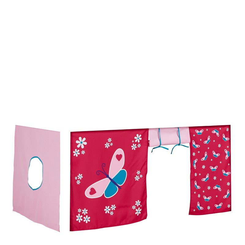 Huxie White Mid Sleeper with Safety Rail in White and Red Butterfly Play Curtain